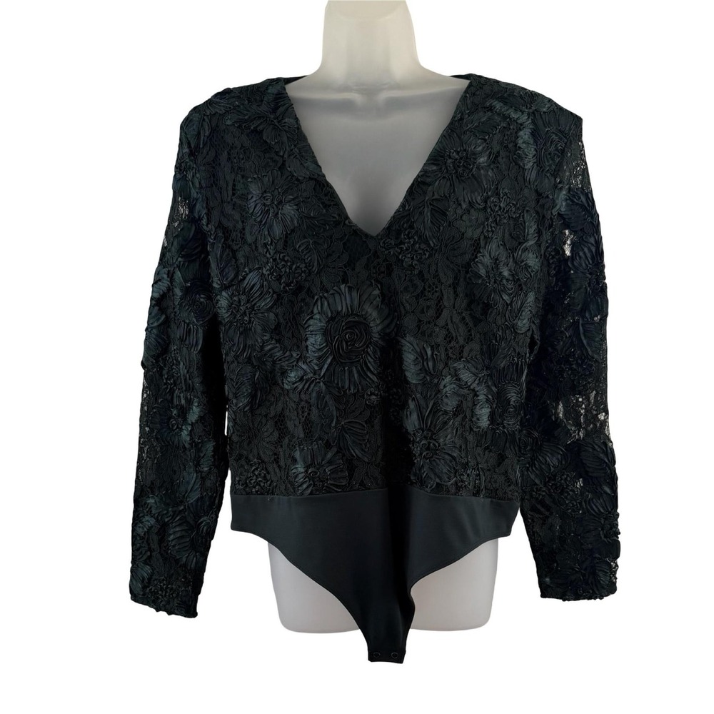 Express Bodysuit Womens XL Emerald Green Floral Lace Long Sleeve Snap Sheer NWT